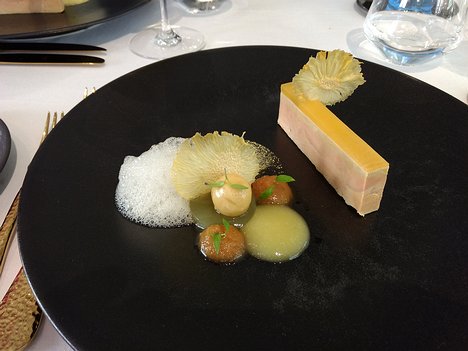 20190227_IMG125754681_MotoG4-JEB Lightly-smoked duck foie gras and a foie gras ball with pineapple chutney, pineapple jelly and dried pineapple