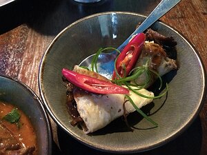 20190507_IMG200442487_MotoG4-JEB second course - From the Wild: Lumpia (rolled pancakes) stuffed with goose, cloves, cinnamon, and hot pepper sauce and...