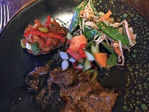 20190507_IMG204943914_MotoG4-JEB fourth course - Spicy prawns, red blado sauce/Rendang of beef, classic slow-cooked Indonesian stew/Steamed vegetables with roasted coconut/Pickled vegetables in...
