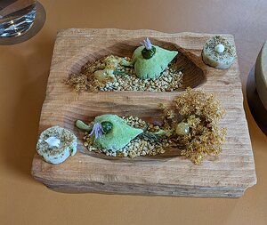 20240515_PXL104734544_Pixel7a-JEB Mises en Bouche Printanières - Le chèvre frais, le sureau, la pèche du Rhin silure (Rhine catfish); cushion of goats cheese, mint and wild garlic; elderflower...