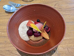 20220615_PXL112617615_Pixel3a-JEB dessert: hazelnut cake, red currants, black currants,cherries, hazelnut mousse strawberry sorbet