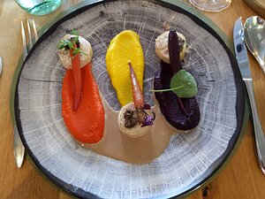 20221110_PXL115425435_Pixel3a-JEB chicken ballotine with three carrot purées and a coffee and cream sauce