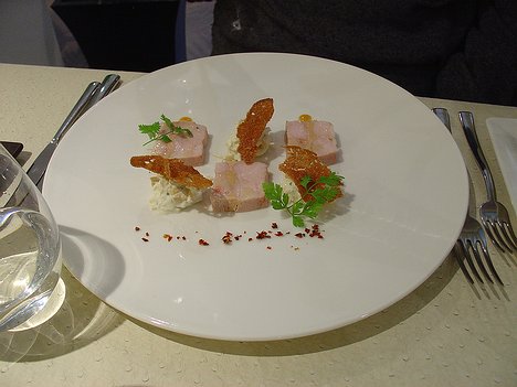 20101119_DSC00873_DSCV1 Starter: Marbré de volaille et foie gras, rémoulade de cèleri aux coings et noix, caramel d'orange