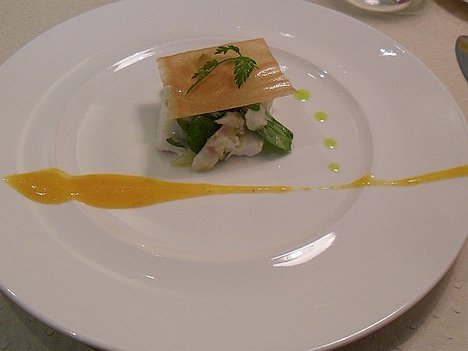 20130322_SAM_1051_ES71 starter: Blanc-manger d'asperges blanches, Salade de moules et morue fraîche au Cresson, Douceur de Kumquat
