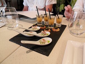 20110705_SAM_0263_ES71 23€ menu - amuse bouche: tuna, parmesan biscuits with tapenade, melon soup