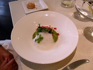 20110705_SAM_0267_ES71 main: Dos de merluchon rôti, crème de petits pois, encornets au chorizo, bouillon mousseux à la citronnelle