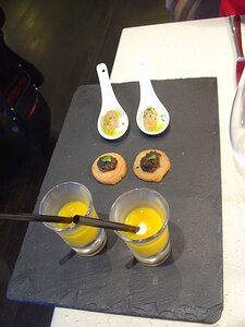 20101105_DSC00862_DSCV1 amuse bouche - cod carpaccio, cheese biscuit with tapenade, carrot and coriander gaspacho