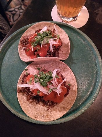 Llama-Restaurant_Copenhagen_20190321_IMG194654370 Taco with grilled brisket, smoked salsa, onions & coriander