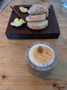 The-Small-Holding_Cranbrook-Kent_20191026_20122145 Cauliflower, Nettle, Truffle (nettle soup with cauliflower pieces and grated truffle. Wafer on top and shaggy character mushroom at the bottom) brown soda and...