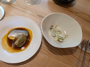 20240711_PXL110119963_Pixel7a-JEB dorade in a bouillabaisse sauce with fennel; cucumber, pickled baby melons and mint and lemon balm lassi