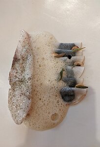 20220212_PXL125543571_Pixel3a-JEB loup de mer Méditerranée cooked over the fire, stuffed turnip, purslane, hazelnuts, crustacean foam