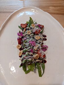 20230617_PXL110854774_Pixel3a-JEB green bean salad with cherries, hazelnuts. cherry vinegar and sugar sauce, sauce césar with anchovy, topped with grated goats cheese