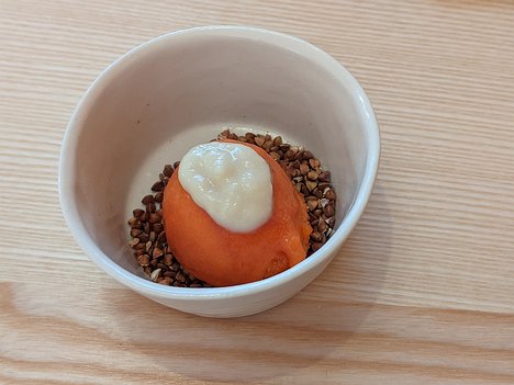 20200917_PXL105328266.PORTRAIT_Pixel3a-JEB amuse bouche 2: red pepper sorbet with garlic cream on sarrasin seeds and ...