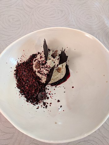 20190719_IMG140939_Pixel3a-JEB first dessert: bread and coffee cream with frozen blueberries and chocolate tuiles