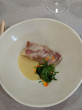 20180824_IMG133929386_MotoG4-JEB fish course: lieu jaune in a pressed pig trotter wrapping with a lemon sauce