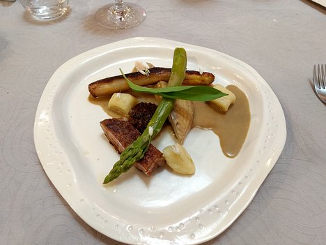 20170427_IMG133724970_HDR_MotoG4-JEB main: poulard breast roasted and confit with morel, green and white asparagus and potato gnocchi with a morel sauce