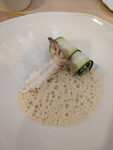 20230728_PXL2112837478_Pixel7a-JEB langoustine cooked on fig leaves, courgette with claw meat inside