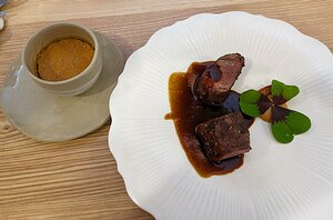 20230728_PXL2123032997_Pixel7a-JEB veal, apricot, apricot purée, oxalis, veal sauce, papeton (aubergine and apricot)