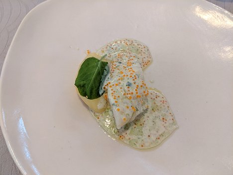 20190729_IMG134926_Pixel3a-JEB second course: turbot with buttered potato, sorrel leaf and lumpfish roe sauce