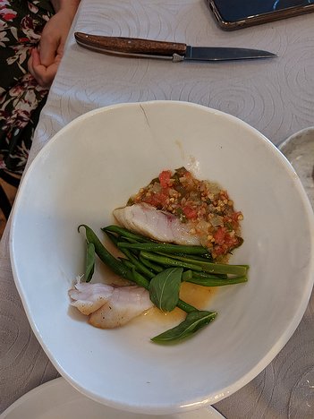20190729_IMG141149_Pixel3a-JEB third course (fish): red mullet, green beans and a grapefruit and buckwheat sauce