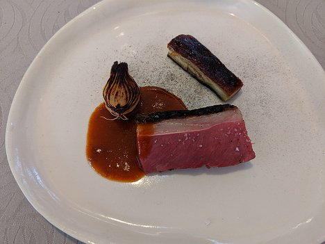 20190729_IMG141215_Pixel3a-JEB third course (meat): lamb saddle, grilled onion, and soy-and-honey-coated aubergine