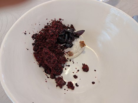 20190729_IMG144616_Pixel3a-JEB first dessert: bread and coffee cream with frozen blueberries and chocolate tuiles