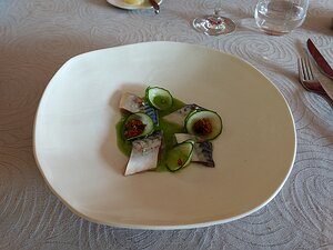 20170803_IMG134515265_MotoG4-JEB starter: marinaded mackerel, cucumber, kimchi with a cucumber and lime sauce