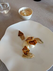 20170803_IMG143817726_MotoG4-JEB dessert: tomato and (in the background), lemon ice with hazelnut and crystallised sage cream and croquant biscuits