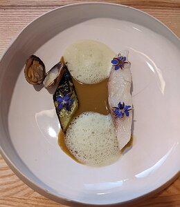 20220704_PXL114825955_Pixel3a-JEB sea bass poached in butter, cockle, shellfish sauce, fire-roasted cucumber slice and cucumber foam