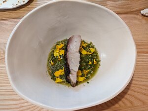 20220704_PXL120636522_Pixel3a-JEB John Dory cooked on skin over the fire in a sauce vierge rivière (rocket, rosemary, preserved lemon, anchovy)