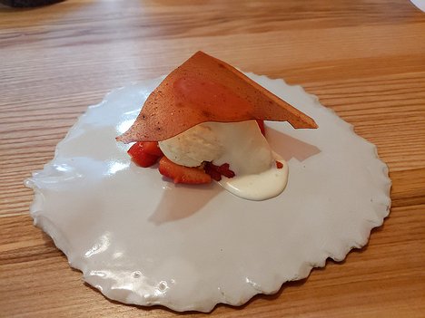 20200604_IMG143143_Pixel3a-JEB second dessert: strawberries, elderflower cream sorbet and cream, strawberry brittle