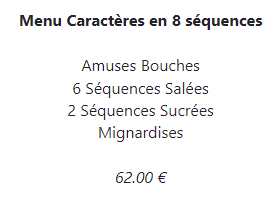 Menu caracteres - 6aug2022 our usual menu choice 62€