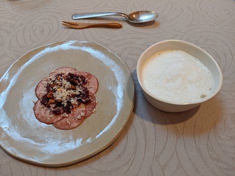 20191107_IMG125109_Pixel3a-JEB Amuses bouche 3 and 4: sliced turnip, pickled cherries and walnuts with horseradish; chickpea puree with lard foam