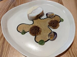 20230119_PXL130323832_Pixel3a-JEB sea bass with sea bass mousseline, celeriac, cockles, line of black garlic and cockle, and cockle shell sauce