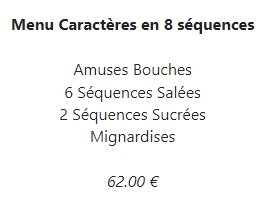 Menu caracteres - 2jul2022 our usual menu choice - now 62€