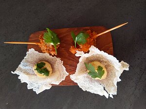 20210404_PXL163806418_Pixel3a-JEB amuses bouche: rice crisp with lemony smoked fish and snails in batter