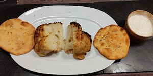 20210306_PXL182320755_Pixel3a-JEB starter: Chou-fleur rôti au zhataar, petit pain pita starter after warming in the oven (I included the pita) and yaourt citron