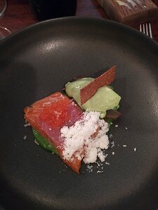 Fordwich-Arms_Canterbury_20190605_IMG200250749_LL starter: Hay smoked trout, pea mousse, confit lemon & horseradish (ice)