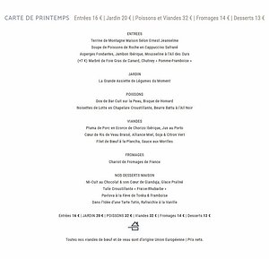 Table du Rouan menu Le Plaisir 62 € A vous de composer votre menu dans la carte. 1 Mise en Bouche, 1 Entrée, 1 Poisson ou 1 Viande, Fromage et 1 Dessert