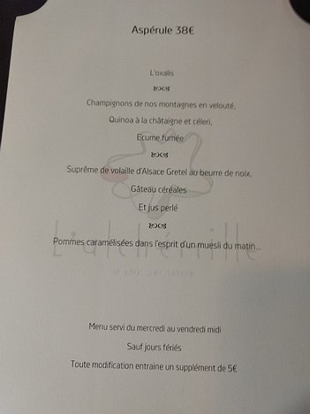 20161117_IMG123459_MotoG4-JEB We chose the 38€ four-course Aspérule menu. There is a 28€ three-course lunch menu, and 48€ five-course and 58€ seven-course menus