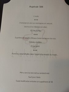 20161117_IMG123459_MotoG4-JEB We chose the 38€ four-course Aspérule menu. There is a 28€ three-course lunch menu, and 48€ five-course and 58€ seven-course menus