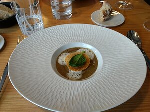 20161117_IMG130513_MotoG4-JEB starter: Champignons de nos montagnes en velouté, quinoa à la châtaigne et céleri, ecume fumée