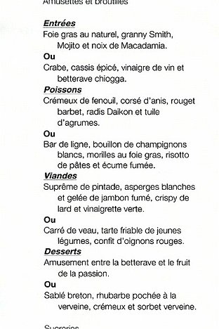 Frankenbourg menu 12 may 2015 We chose the 45 euro entrée + poisson ou viande + dessert menu (it was 54 euro for four courses)
