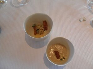 20150213_SAM_7805_ES71 amuse bouche: crab and mayonnaise, and jerusalem artichoke soup with praline