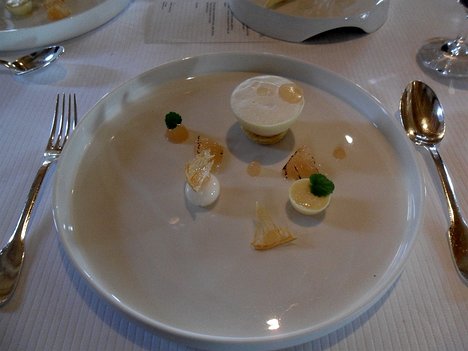 20150213_SAM_7816_ES71 dessert: Mousse légère de pamplemousse, sablé Breton, coque chocolat blanc et sorbet