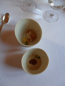 20150314_SAM_7839_ES71 amuse bouche: crab and mayonnaise, and jerusalem artichoke soup with praline