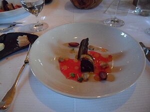 20131119_SAM_1477_ES71 Starter: Foie gras de canard poêlé, Campari, mollusques marinés, orange sanguine et grenade