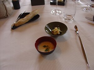 20091221_DSC00443_DSCV1 Amuse bouche - Goats cheese on vegetables and cold celery and bacon soup