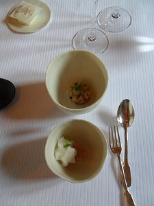 20141025_SAM_7625_ES71 Broutilles: swordfish ceviche with pak choi seeds, chicken pate and coconut