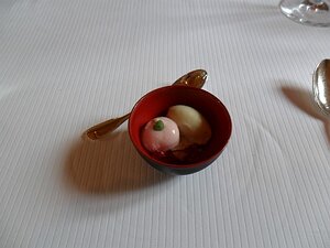 20141025_SAM_7631_ES71 amuse bouche: cranberry mousse and vanilla and lemon ice on white chocolate